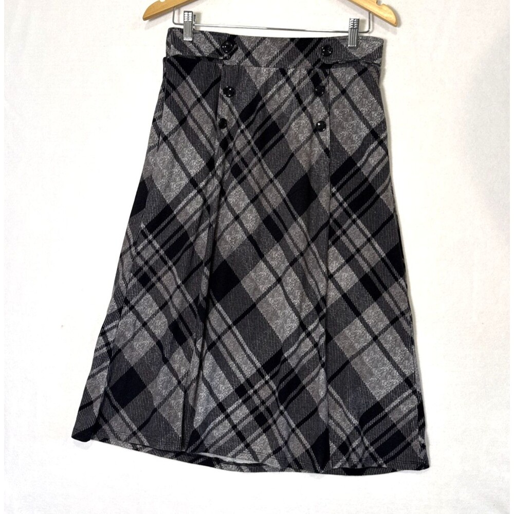 Robert Louis NWT Gray/Black Plaid Button-Front A-Line Skirt Sz Med Dark Academia